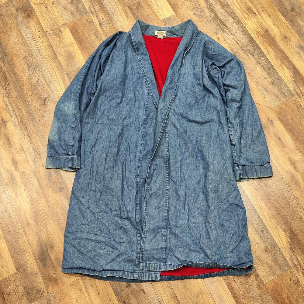Denim Overcoat Womens Large Blue Long Open Front Red Lined Casual Pockets Warm